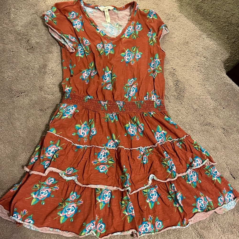Matilda Jane rust color dress with pink flowered. Cotton dress in size XS
